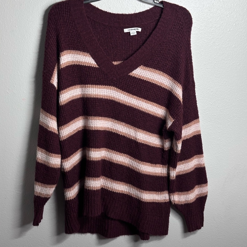 American Eagle Women‎ Burgundy Stripes Knit Pullover Sweater size Small